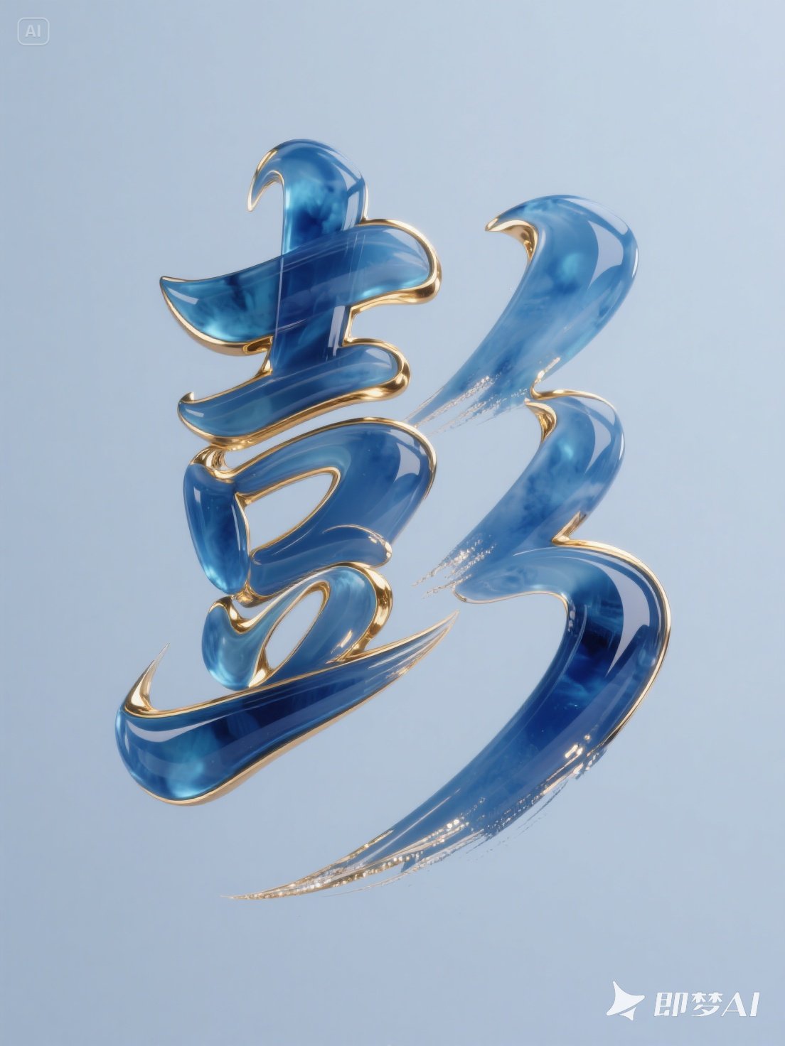 Midjourney - 3D立体蓝色透明玻璃质感狂草书法烫金艺术字海报字体设计素材-即梦ai关键词描述咒语 即梦Ai-Ai宇宙吧-