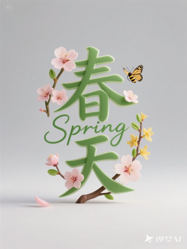 绿色春天Spring鲜花樱花迎春花艺术字海报字体设计素材-即梦ai关键词描述咒语-Ai宇宙吧-