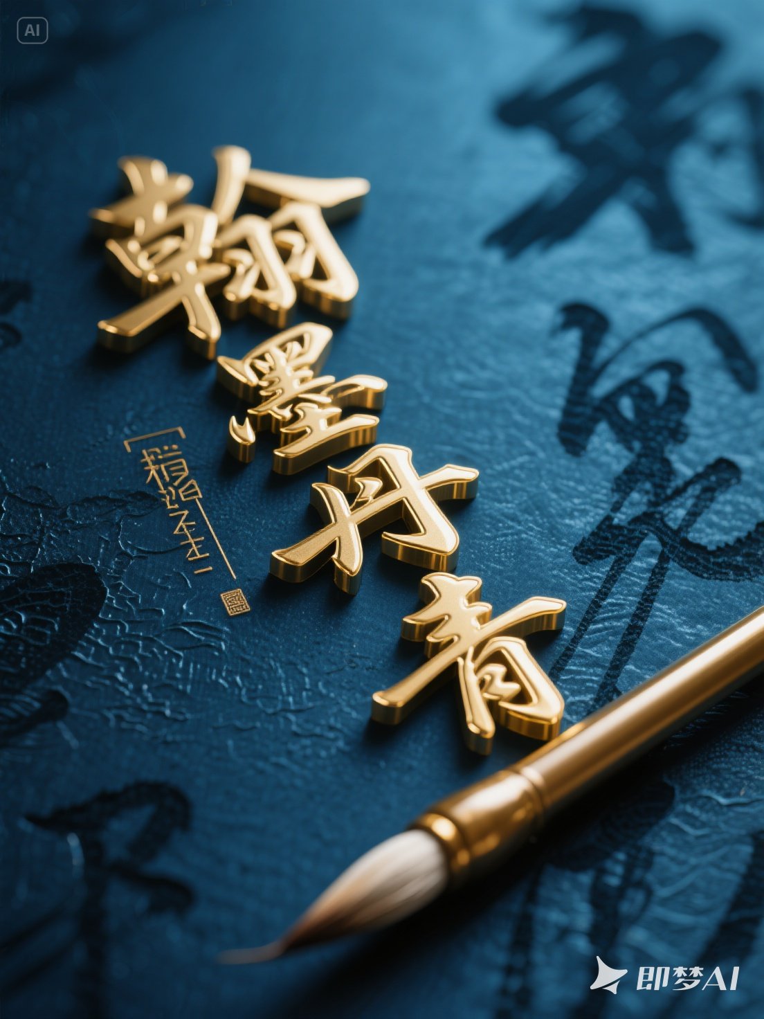 Midjourney - 金色立体书法毛笔字海报字体设计素材-即梦ai关键词描述咒语 即梦Ai-Ai宇宙吧-