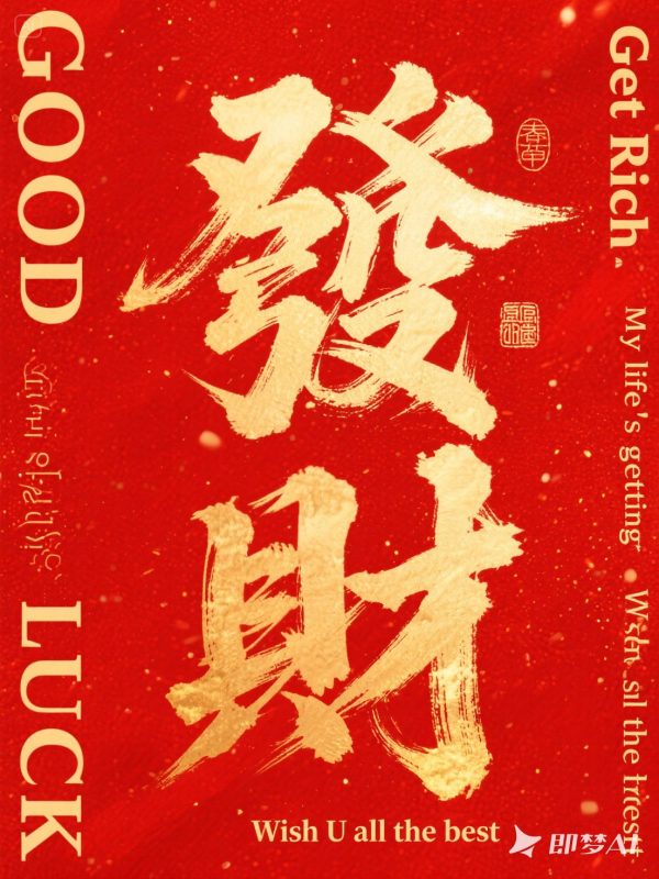 中国风红色新年元旦春节發財毛笔字体海报字体设计素材-即梦ai关键词描述咒语-Ai宇宙吧-