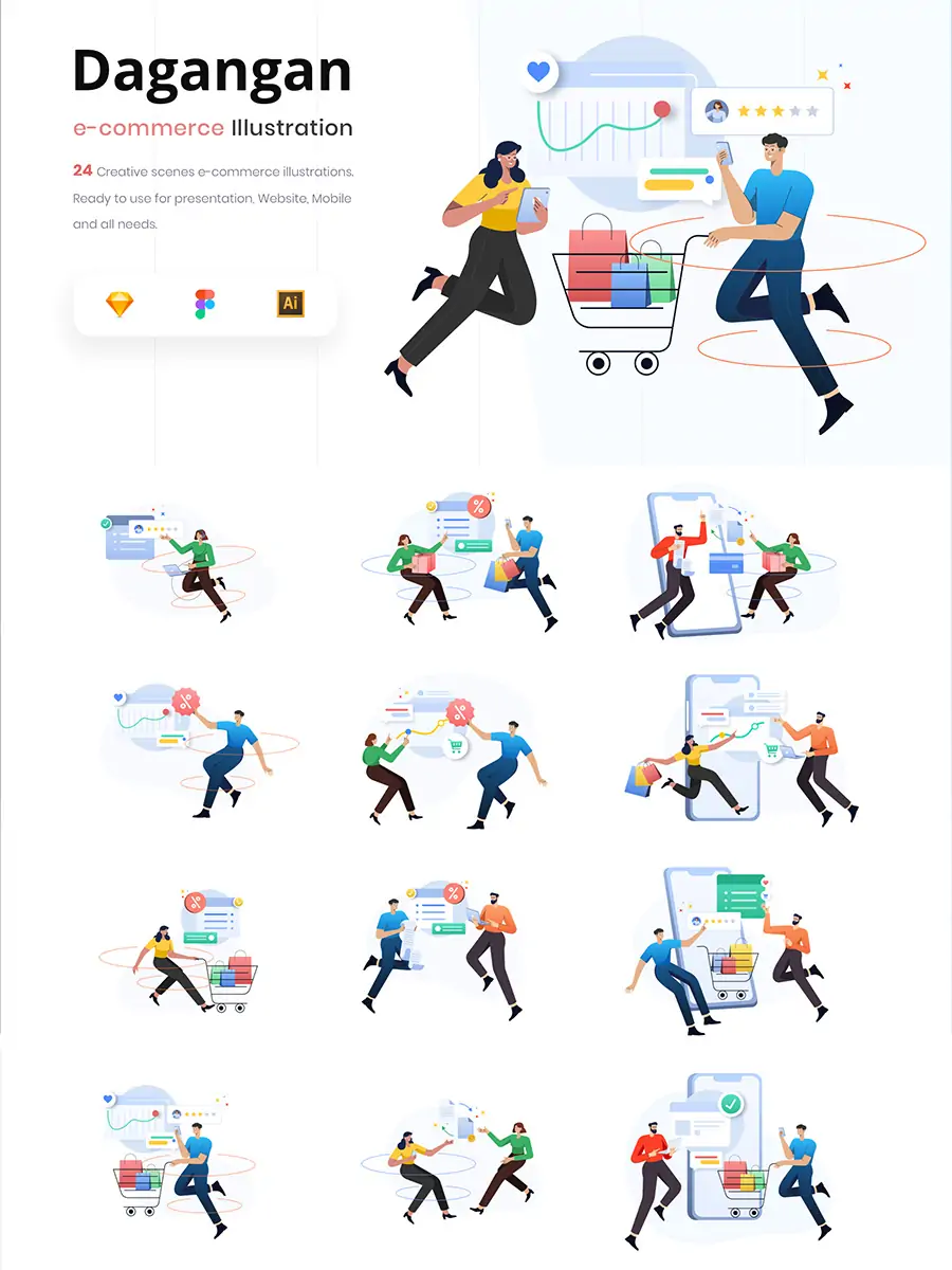 手绘卡通人物电商在线网上购物插图海报ai矢量设计素材模版illustrations-Ai宇宙吧-