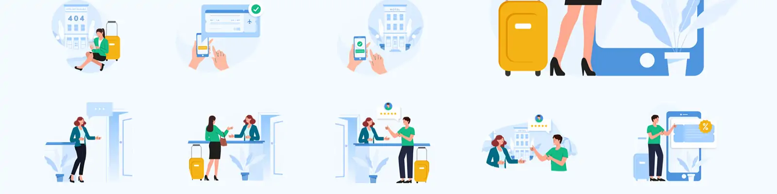 手绘商务卡通人物出差旅游酒店租赁插图海报ai矢量设计素材模版illustrations