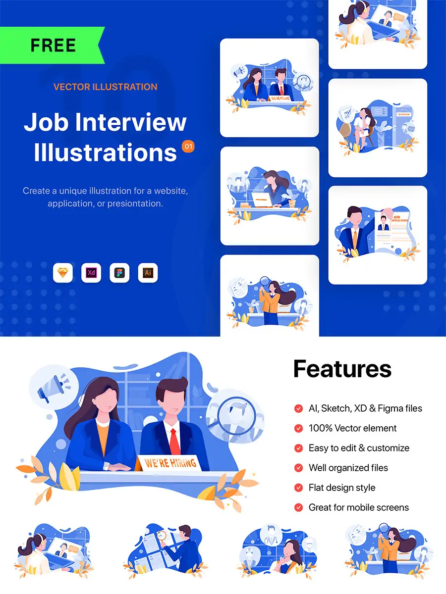 手绘商务卡通人物工作面试插图海报ai矢量设计素材模版illustrations-Ai宇宙吧-