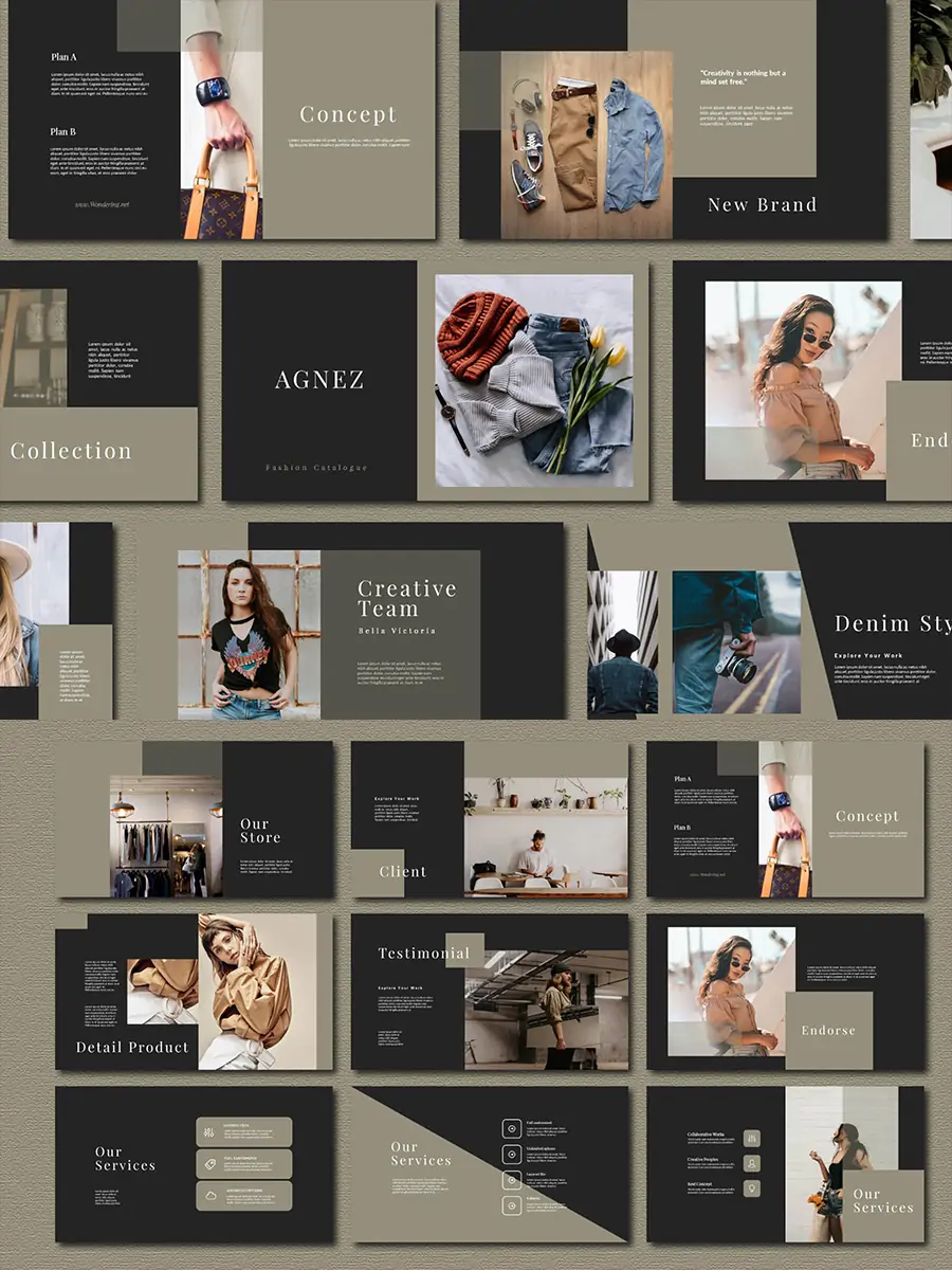 时尚潮流社交媒体服装模特品牌营销宣传汇报总结PPT素材模版-Ai宇宙吧-