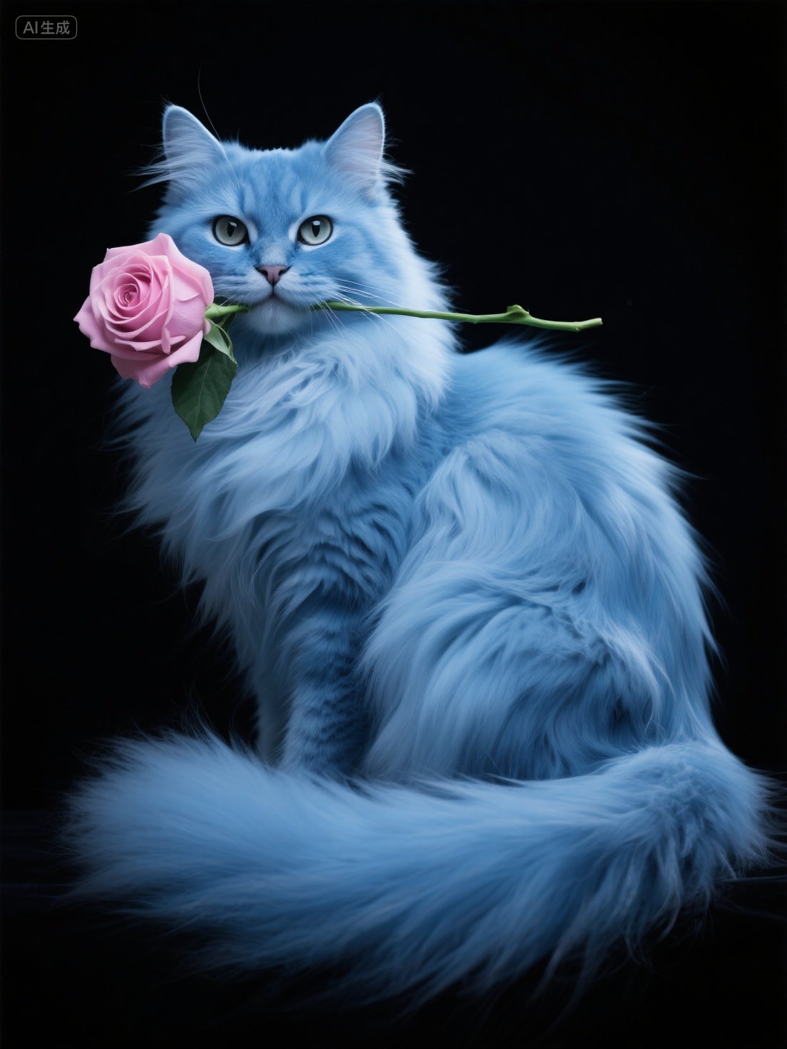 Midjourney - 可爱长毛蓝色波斯猫叼着玫瑰花艺术摄影海报-即梦ai关键词描述咒语 即梦Ai-Ai宇宙吧-