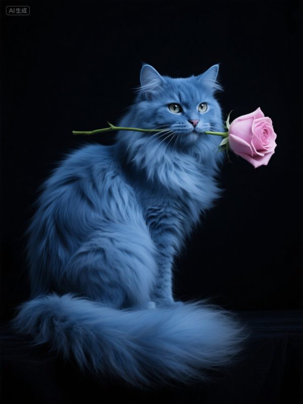 可爱长毛蓝色波斯猫叼着玫瑰花艺术摄影海报-即梦ai关键词描述咒语-Ai宇宙吧-