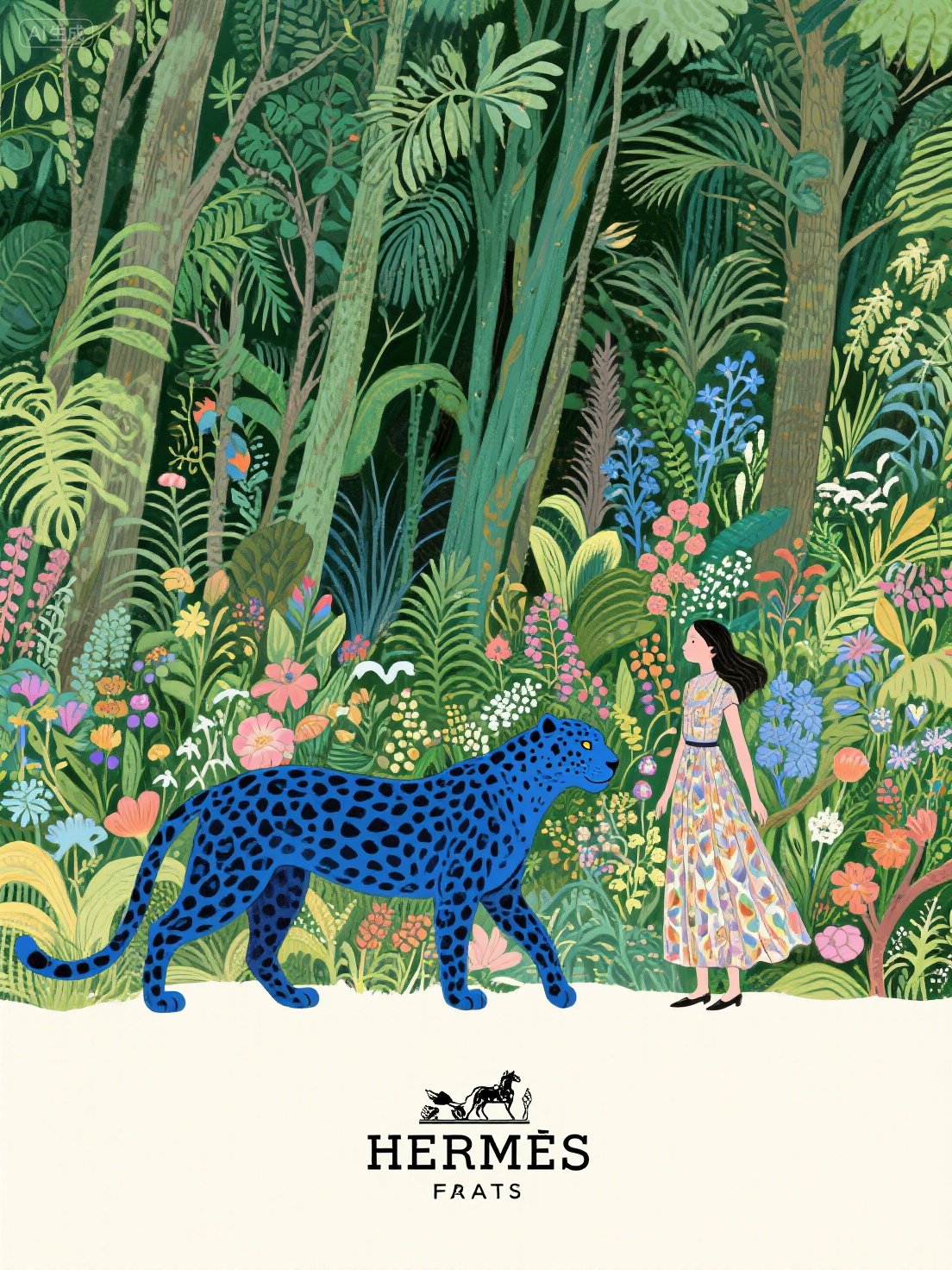 Midjourney - 高定爱马仕复古梦幻丛林美洲豹女孩场景插画海报-即梦ai关键词描述咒语 即梦Ai-Ai宇宙吧-