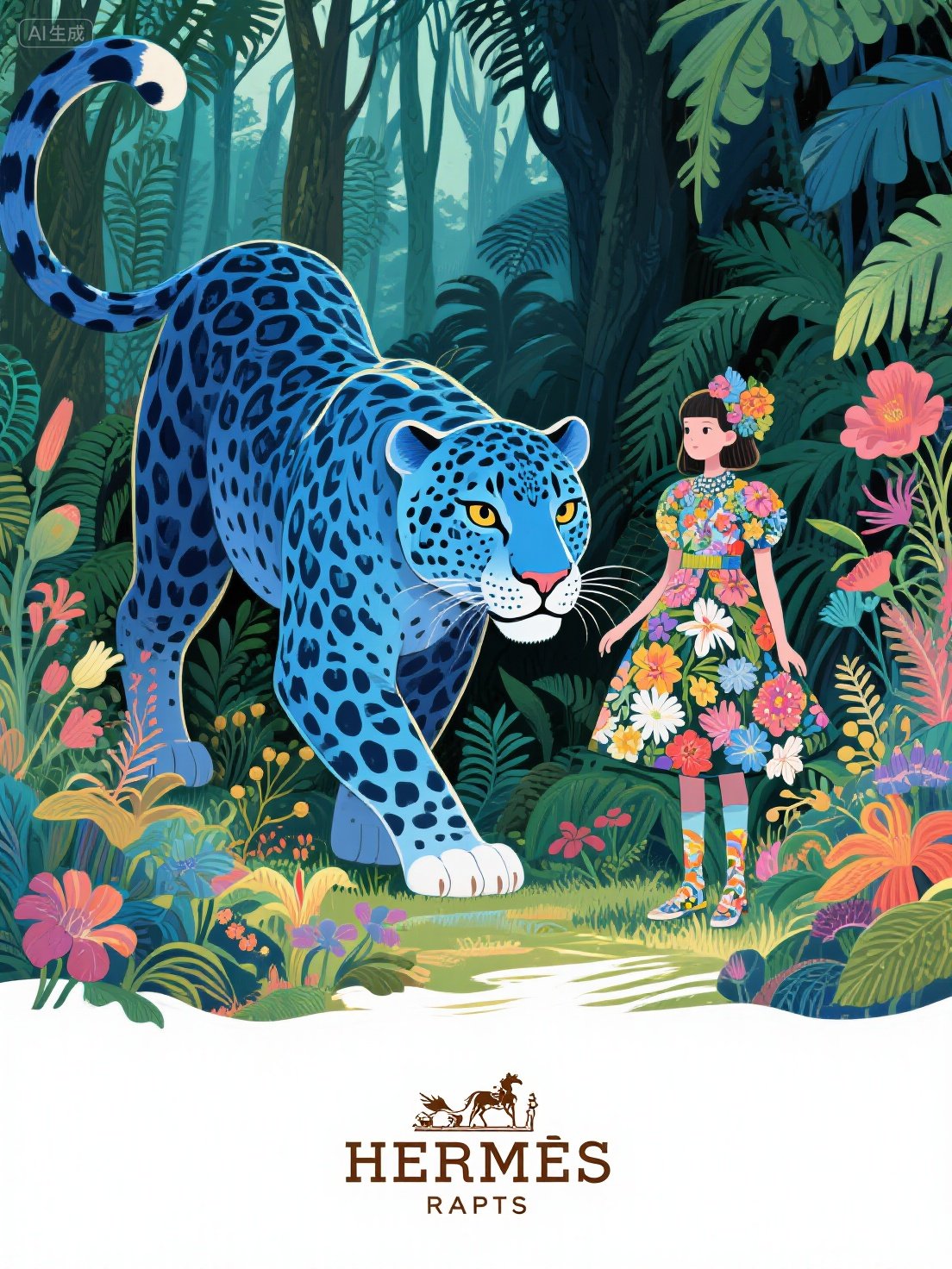 Midjourney - 高定爱马仕复古梦幻丛林美洲豹女孩场景图案插画海报-即梦ai关键词描述咒语 即梦Ai-Ai宇宙吧-
