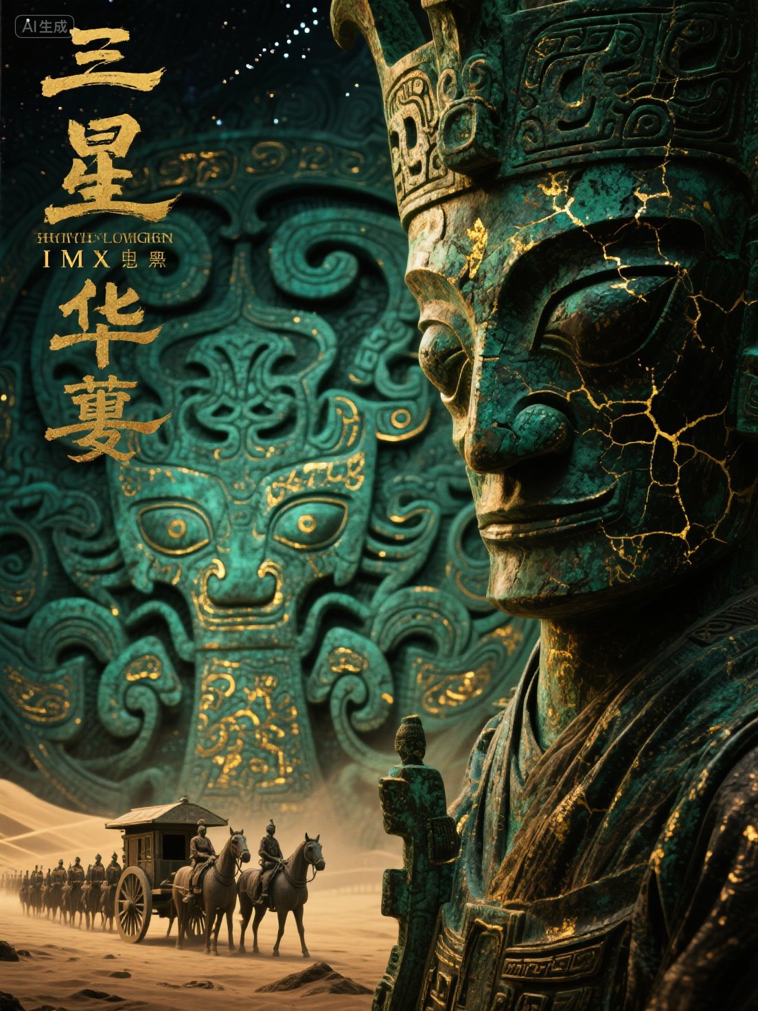 Midjourney - 三星堆古代青铜器人物立体雕塑模型特写摄影海报-即梦ai关键词描述咒语 即梦Ai-Ai宇宙吧-
