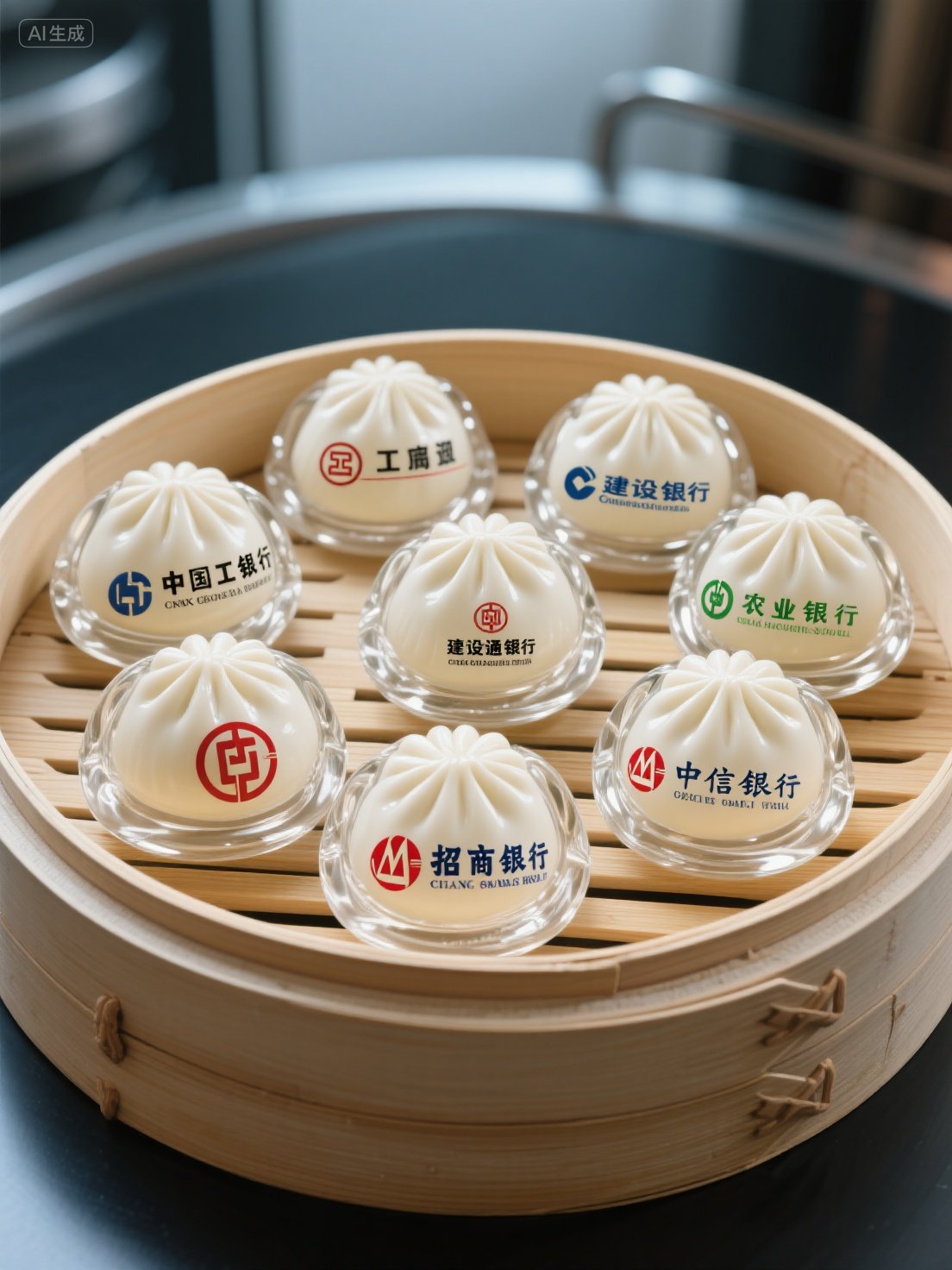 Midjourney - 创意透明玻璃包子形状银行商标工艺品模型摄影海报-即梦ai关键词描述咒语 即梦Ai-Ai宇宙吧-