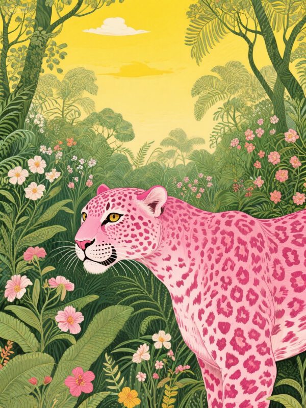 时尚复古绿色丛林鲜花植物粉色豹子插画-即梦ai关键词描述咒语-Ai宇宙吧-