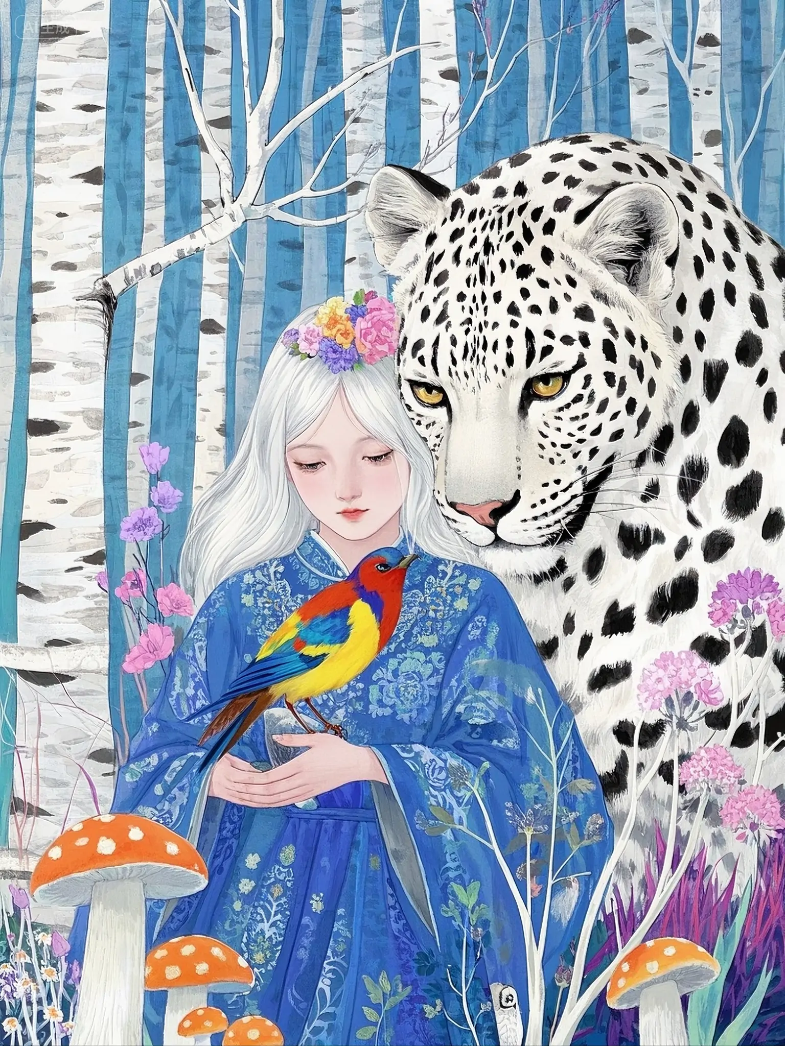 奇幻唯美森林白桦林古风美女豹子小鸟场景插图海报-即梦ai关键词描述咒语-Ai宇宙吧-