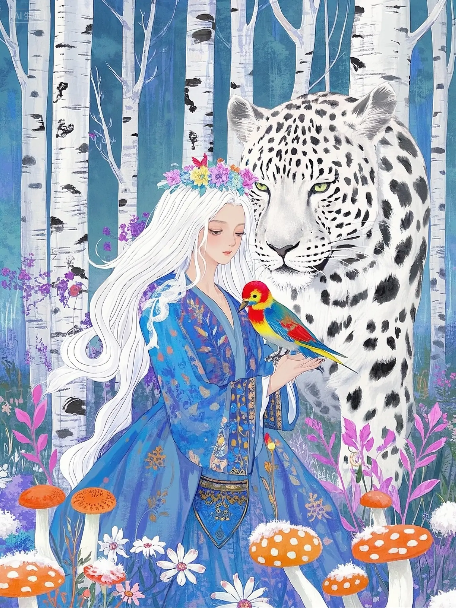 奇幻唯美森林白桦林古风美女豹子小鸟场景插图海报-即梦ai关键词描述咒语-Ai宇宙吧-