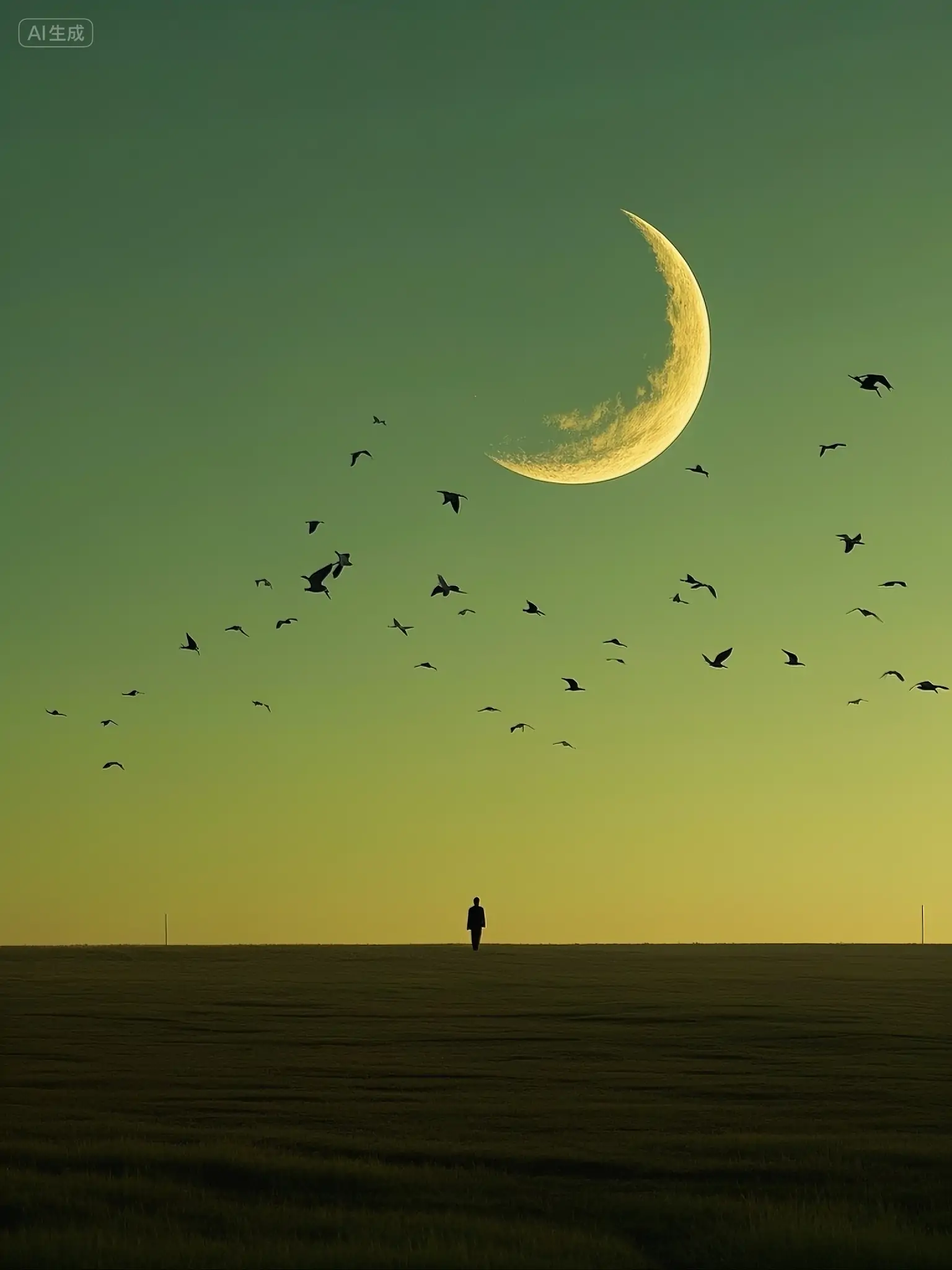 抽象艺术孤独感弯月鸟群人物背影摄影海报-即梦ai关键词描述咒语-Ai宇宙吧-
