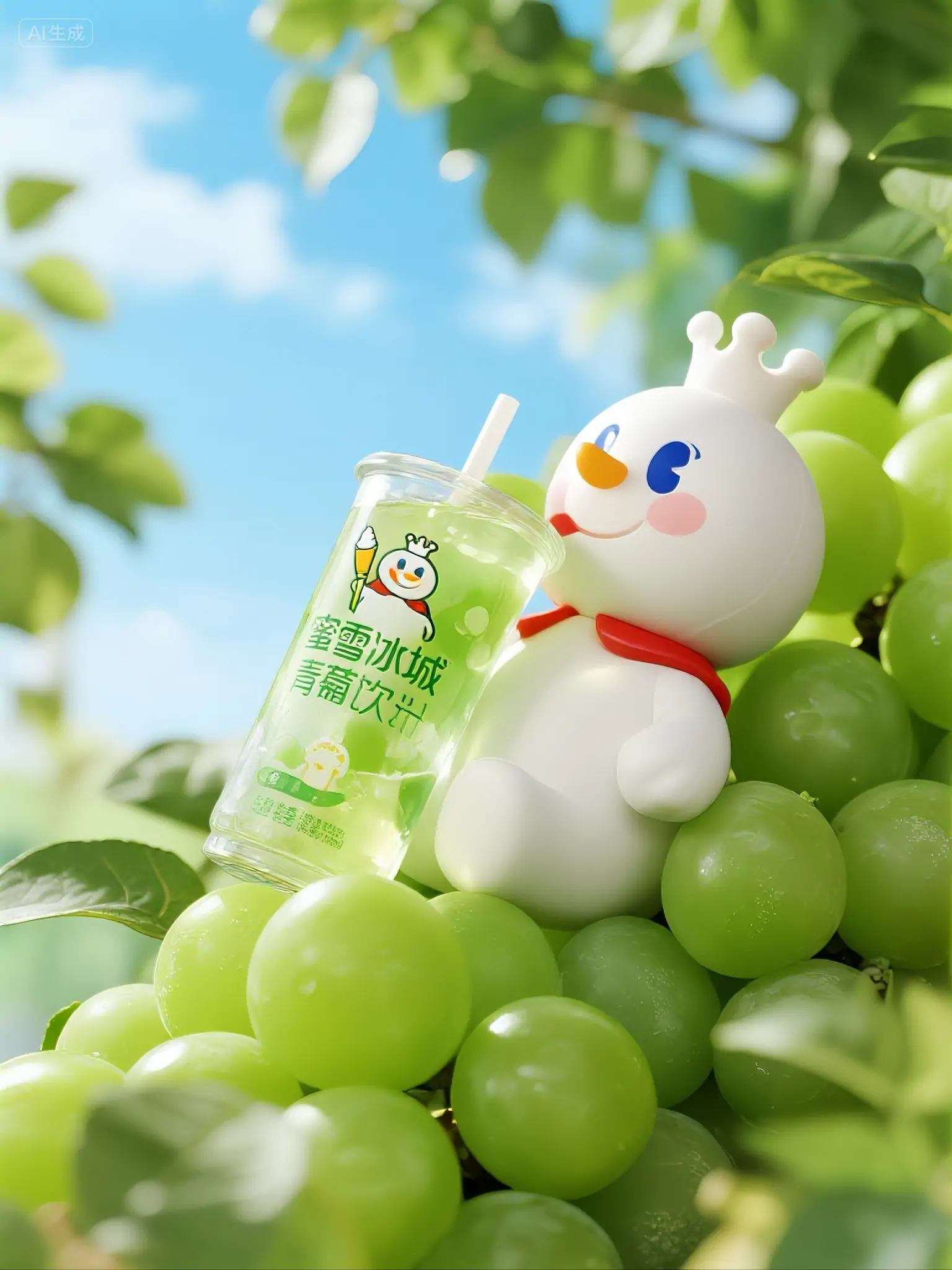 创意可爱卡通蜜雪冰城雪王青提果汁广告海报-即梦ai关键词描述咒语-Ai宇宙吧-