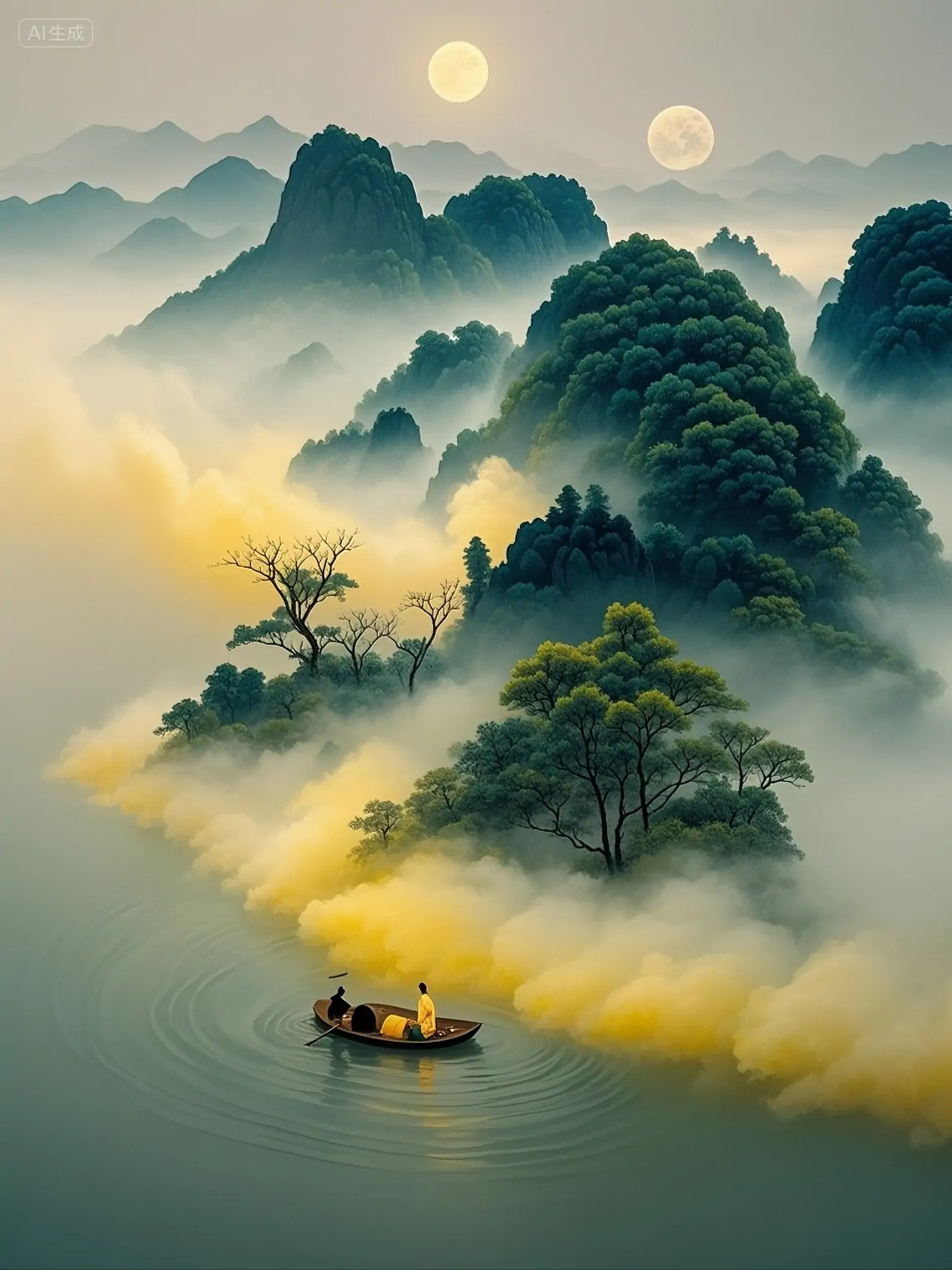 中国风自然山水风景湖面烟雾意境朦胧水墨画插图海报-即梦ai关键词描述咒语-Ai宇宙吧-