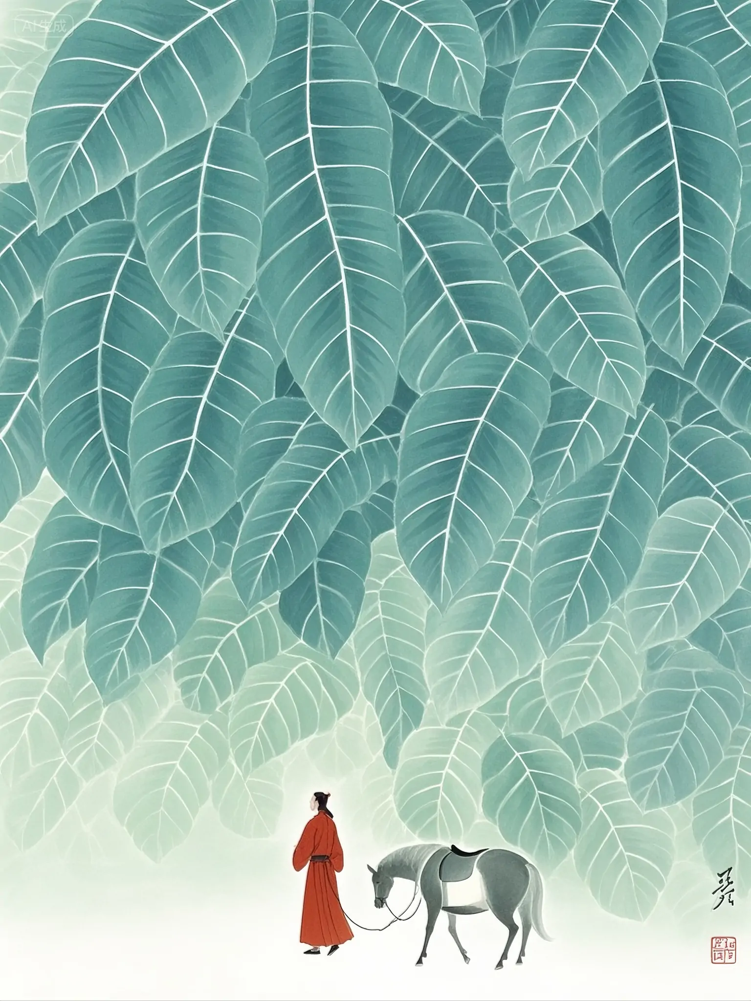 创意新中式清新水墨风禅意树叶纹理人物马匹古诗电影封面海报-即梦ai关键词描述咒语-Ai宇宙吧-