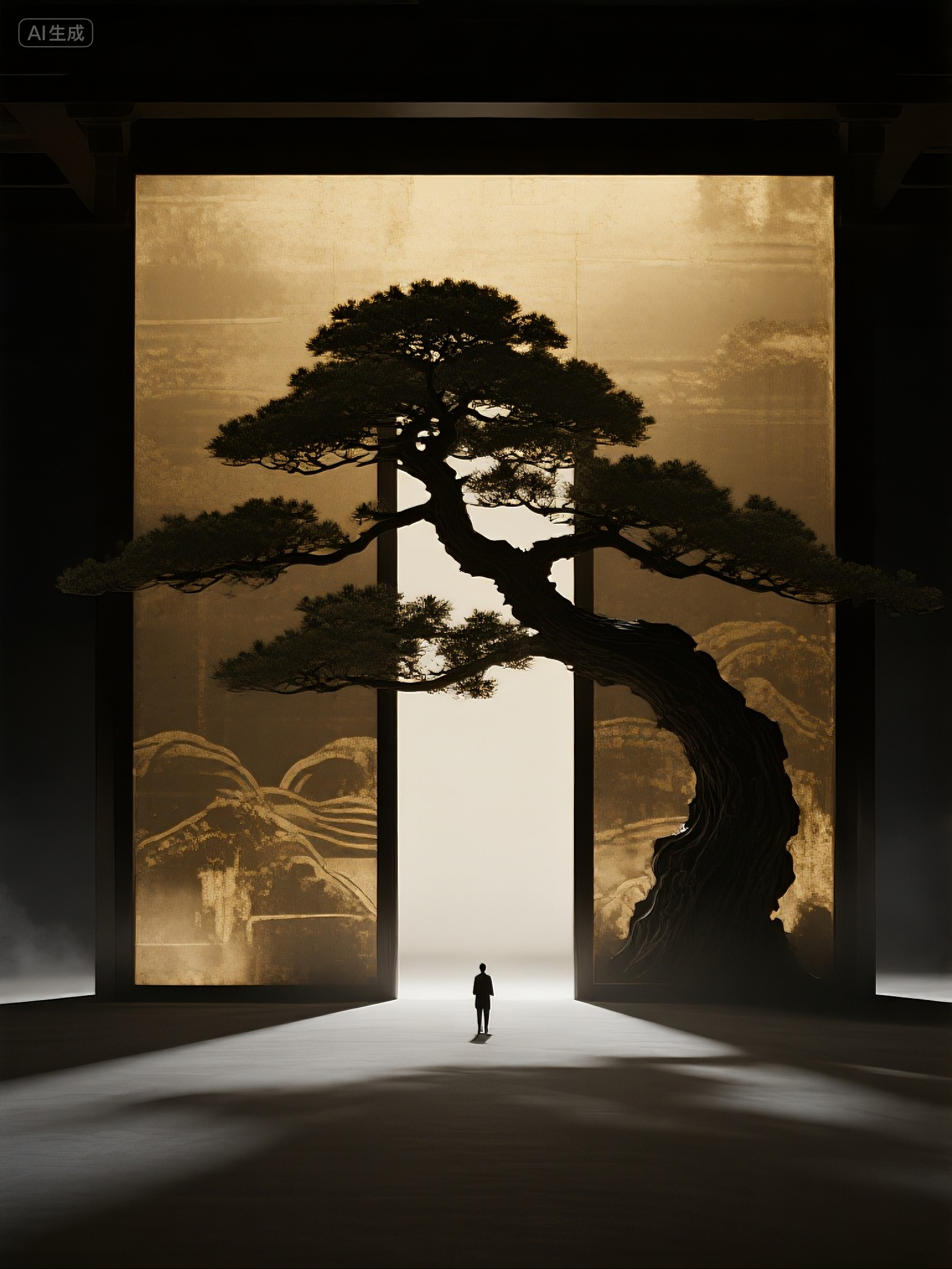 Midjourney - 东方艺术美学国风禅意风格松树大门光影空间摄影海报-即梦ai关键词描述咒语 即梦Ai-Ai宇宙吧-