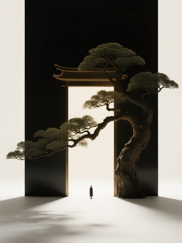 东方艺术美学国风禅意风格松树大门光影空间摄影海报-即梦ai关键词描述咒语-Ai宇宙吧-