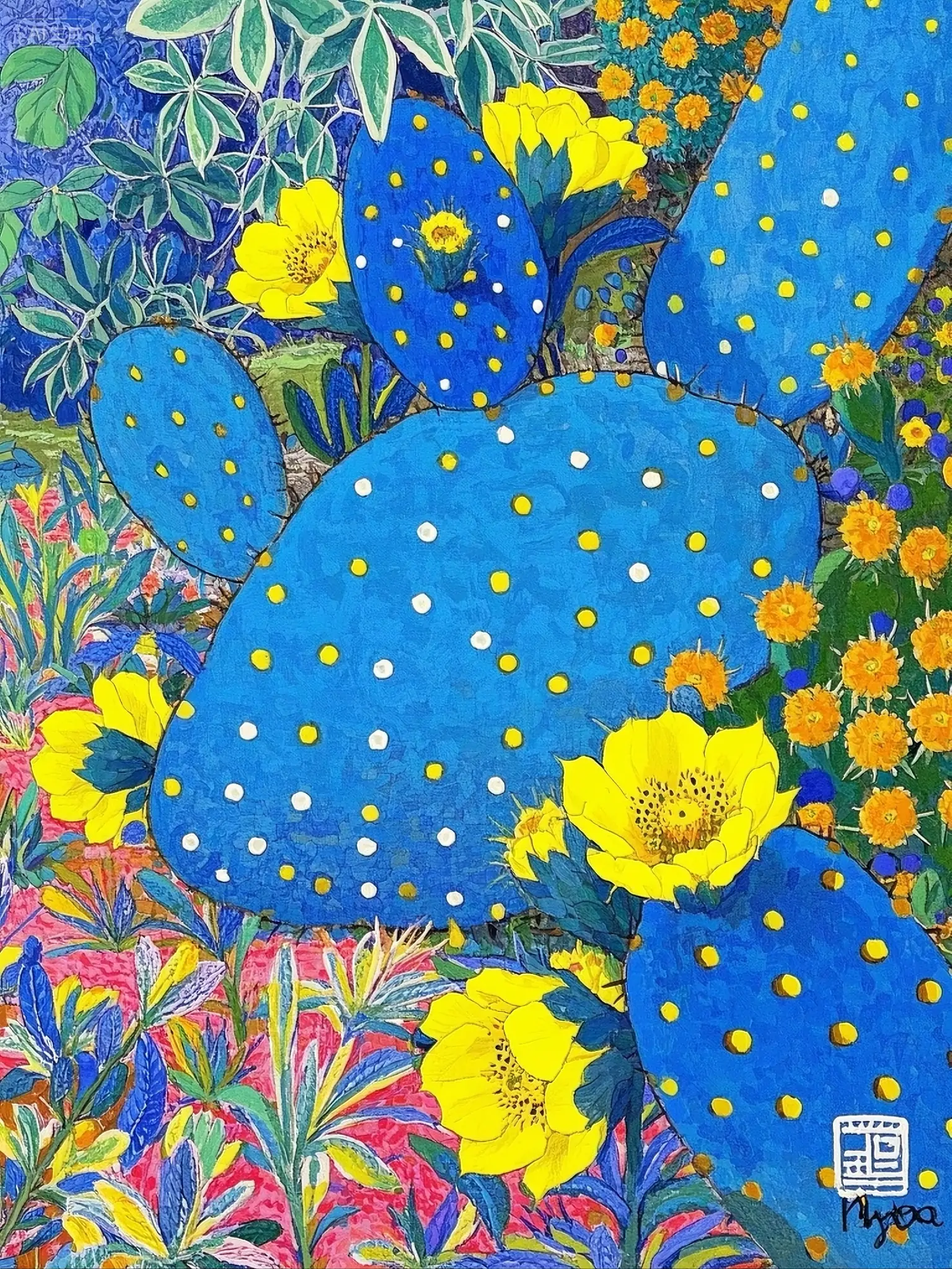 草间弥生波点巨型蓝色仙人掌黄色花朵植物插图绘画海报-即梦ai关键词描述咒语-Ai宇宙吧-
