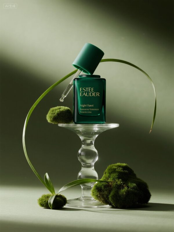 雅诗兰黛绿色精华化妆品护肤品产品广告摄影海报-即梦ai关键词描述咒语-Ai宇宙吧-