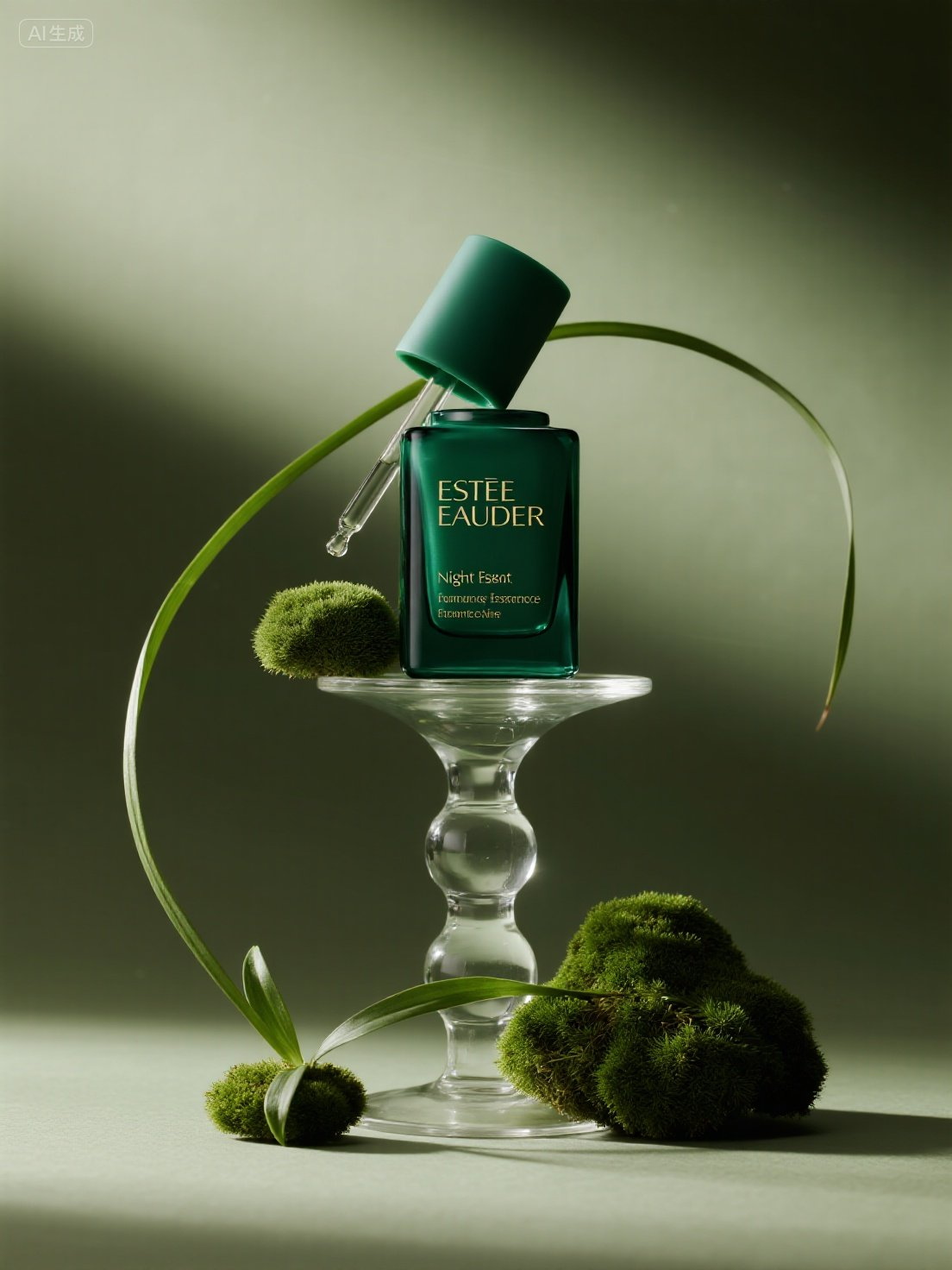 Midjourney - 雅诗兰黛绿色精华化妆品护肤品产品广告摄影海报-即梦ai关键词描述咒语 即梦Ai-Ai宇宙吧-