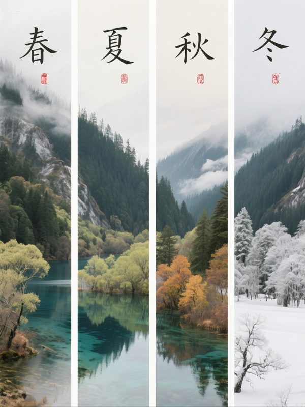 九寨沟春夏秋冬四季风景自然山水摄影海报-即梦ai关键词描述咒语-Ai宇宙吧-