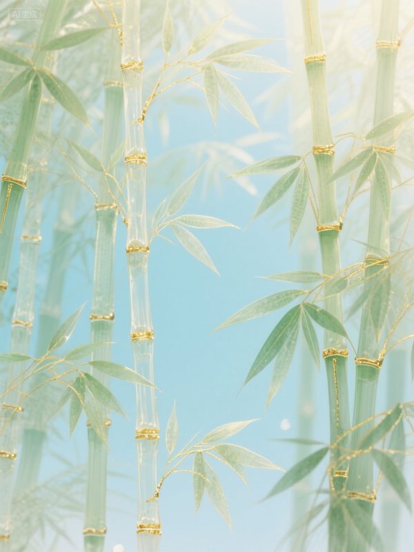 梦幻淡绿透明竹叶竹林水墨画海报背景-即梦ai关键词描述咒语-Ai宇宙吧-