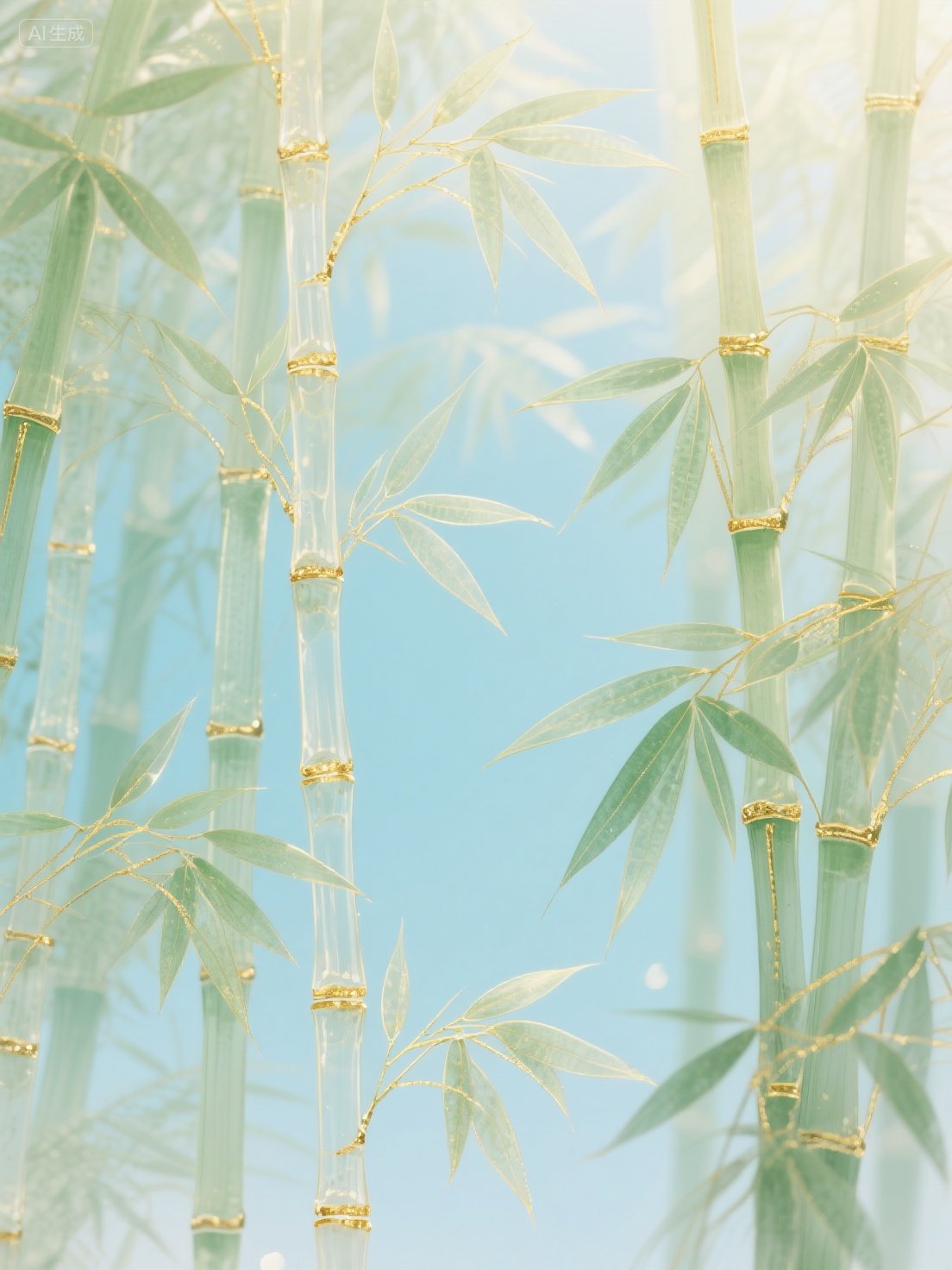 Midjourney - 梦幻淡绿透明竹叶竹林水墨画海报背景-即梦ai关键词描述咒语 即梦Ai-Ai宇宙吧-