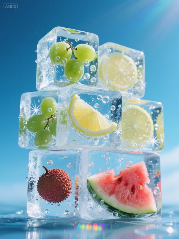 创意夏季冰块封存西瓜荔枝柠檬冰镇水果摄影海报-即梦ai关键词描述咒语-Ai宇宙吧-
