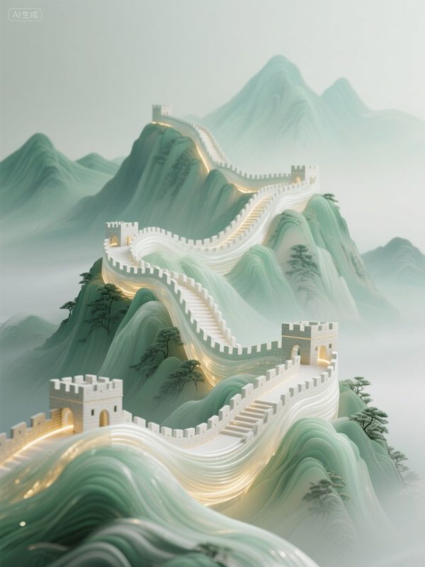 超现实主义新中式长城自然山水风景立体模型海报-即梦ai关键词描述咒语-Ai宇宙吧-