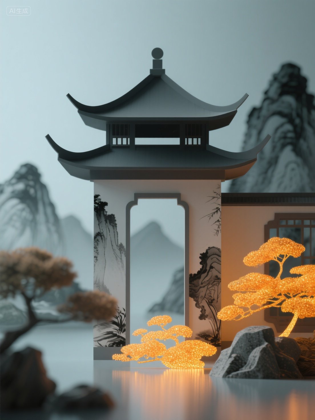 Midjourney - 超现实主义新中式水墨风禅意现代山水园林建筑阁楼海报-即梦ai关键词描述咒语 即梦Ai-Ai宇宙吧-