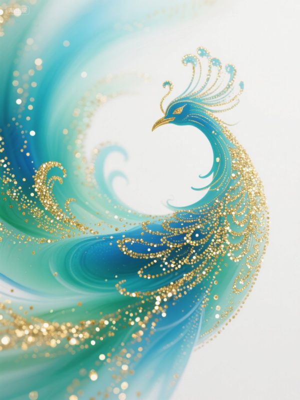 抽象唯美梦幻蓝绿渐变金光闪闪凤凰艺术摄影海报-即梦ai关键词描述咒语-Ai宇宙吧-