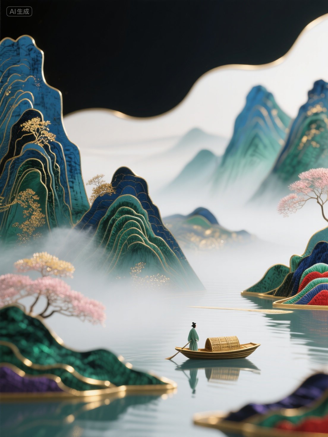 Midjourney - 中国风自然山水风景东方美学艺术刺绣场景插图海报-即梦ai关键词描述咒语 即梦Ai-Ai宇宙吧-