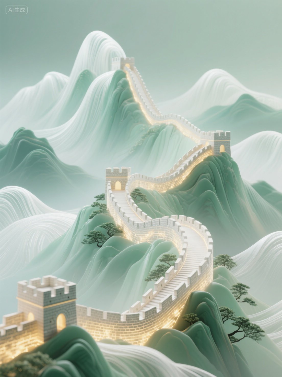 Midjourney - 超现实主义新中式长城自然山水风景立体模型海报-即梦ai关键词描述咒语 即梦Ai-Ai宇宙吧-