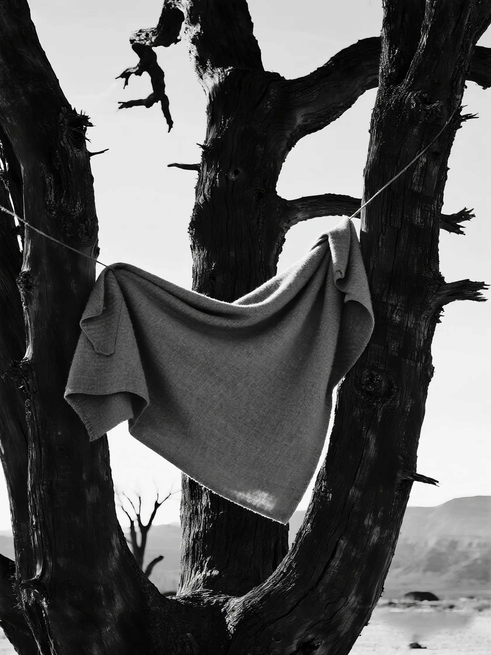 戈壁滩枯树毛巾布料艺术摄影作品海报-即梦ai关键词描述咒语-Ai宇宙吧-