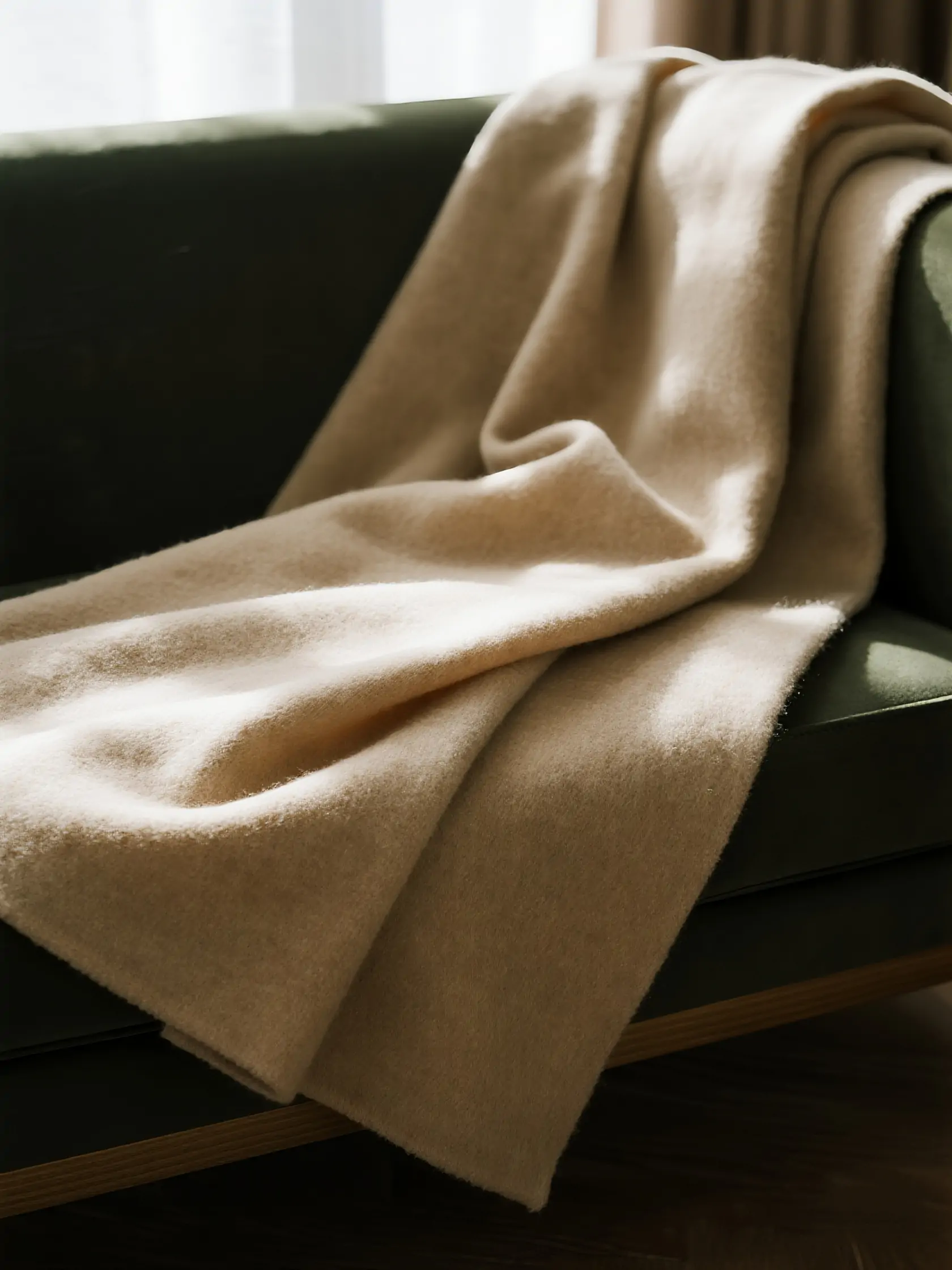 毛呢布料搭在沙发上产品特写静物摄影海报-即梦ai关键词描述咒语-Ai宇宙吧-