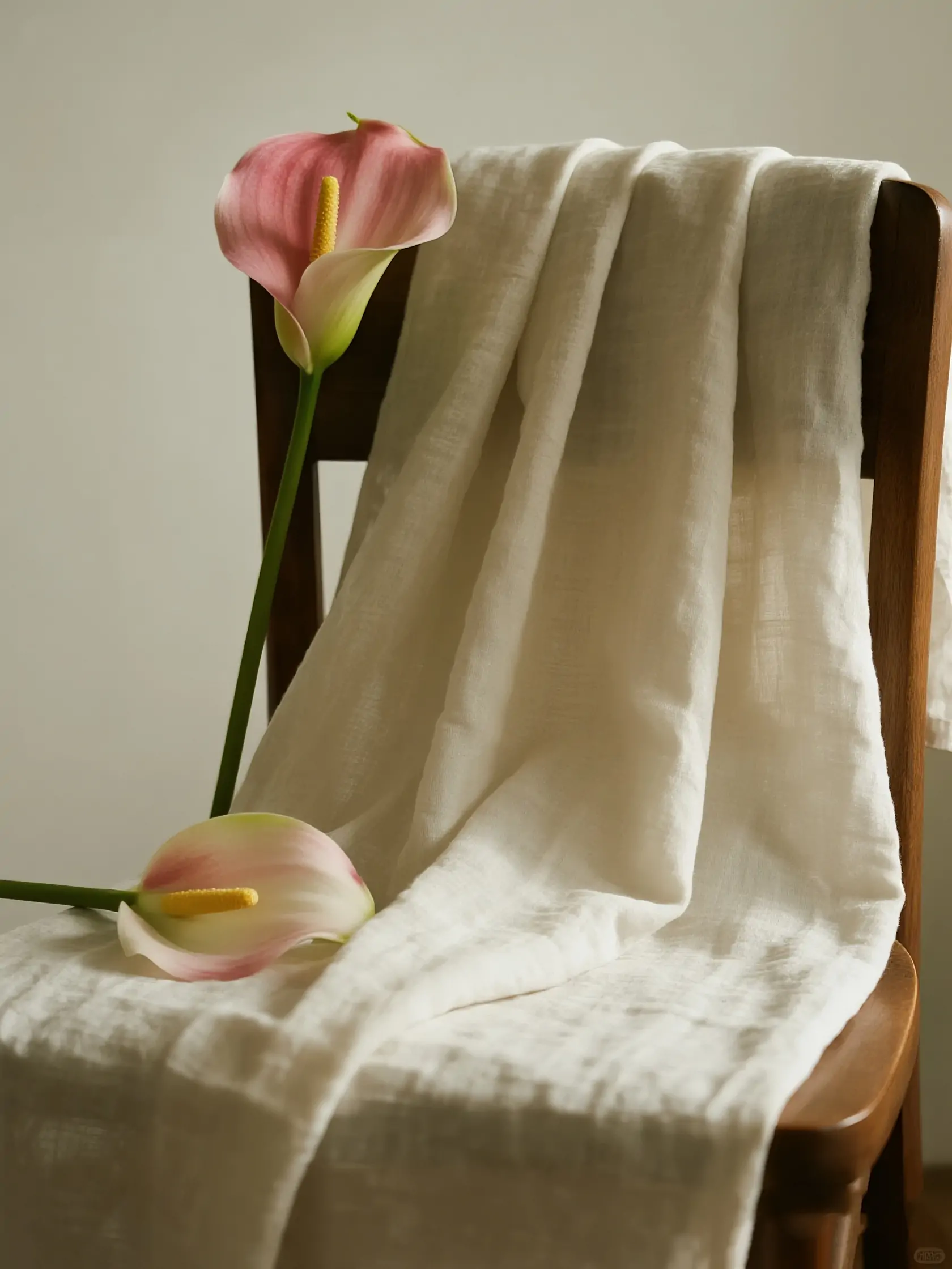 亚麻布料马蹄莲花椅子产品特写静物摄影海报-即梦ai关键词描述咒语-Ai宇宙吧-