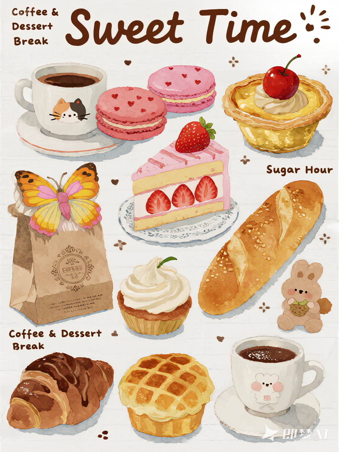 Midjourney - 手绘甜品面包蛋糕咖啡马卡龙下午茶手账风格插图海报-即梦ai关键词描述咒语 即梦Ai-Ai宇宙吧-