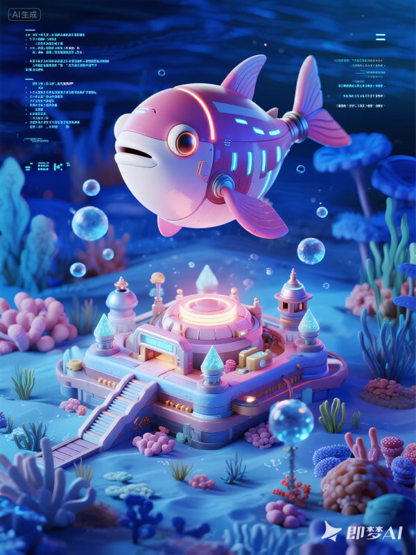蒸汽波风格梦幻机械海底世界鱼类珊瑚场景海报-即梦ai关键词描述咒语-Ai宇宙吧-