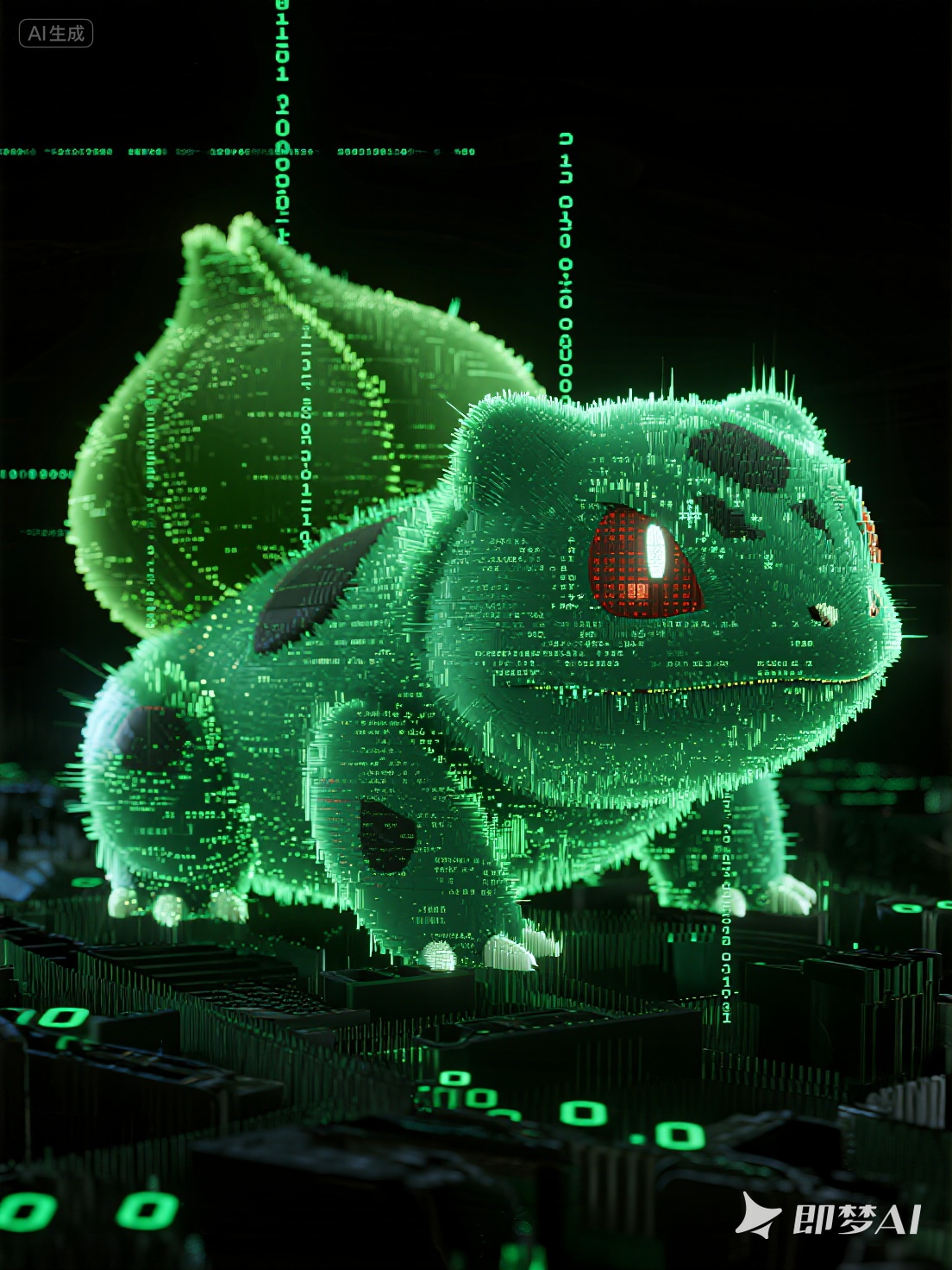 Midjourney - 创意科技二进制编码阵数字虚拟绿色妙蛙种子立体海报-即梦ai关键词描述咒语 即梦Ai-Ai宇宙吧-