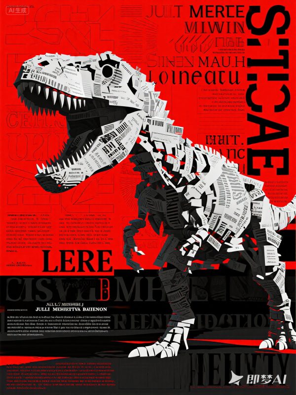 创意红黑色调霸王龙抽象艺术立体感效果海报-即梦ai关键词描述咒语-Ai宇宙吧-