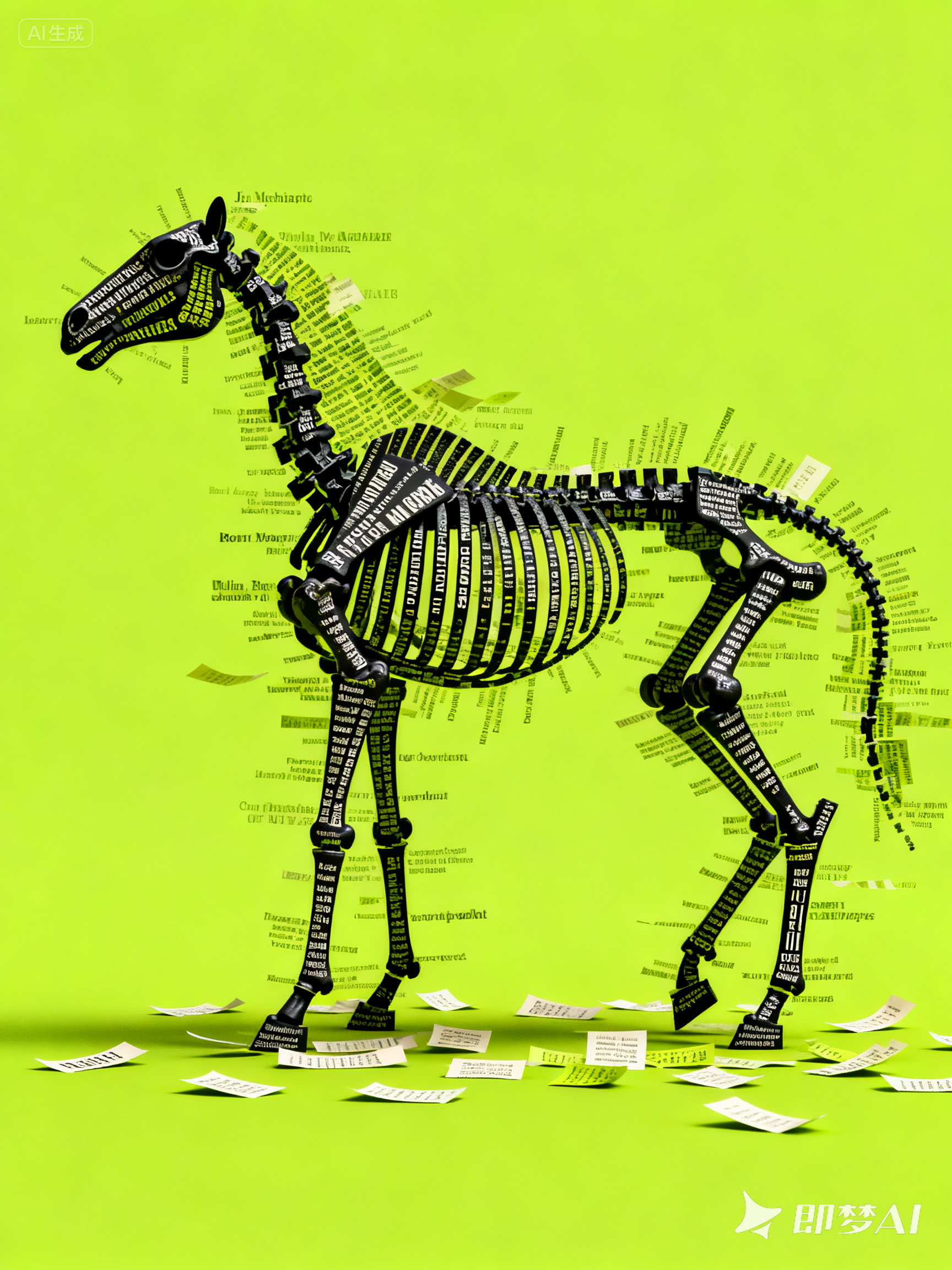 Midjourney - 创意抽象艺术密集纸条文字远古马骨架立体感效果海报-即梦ai关键词描述咒语 即梦Ai-Ai宇宙吧-