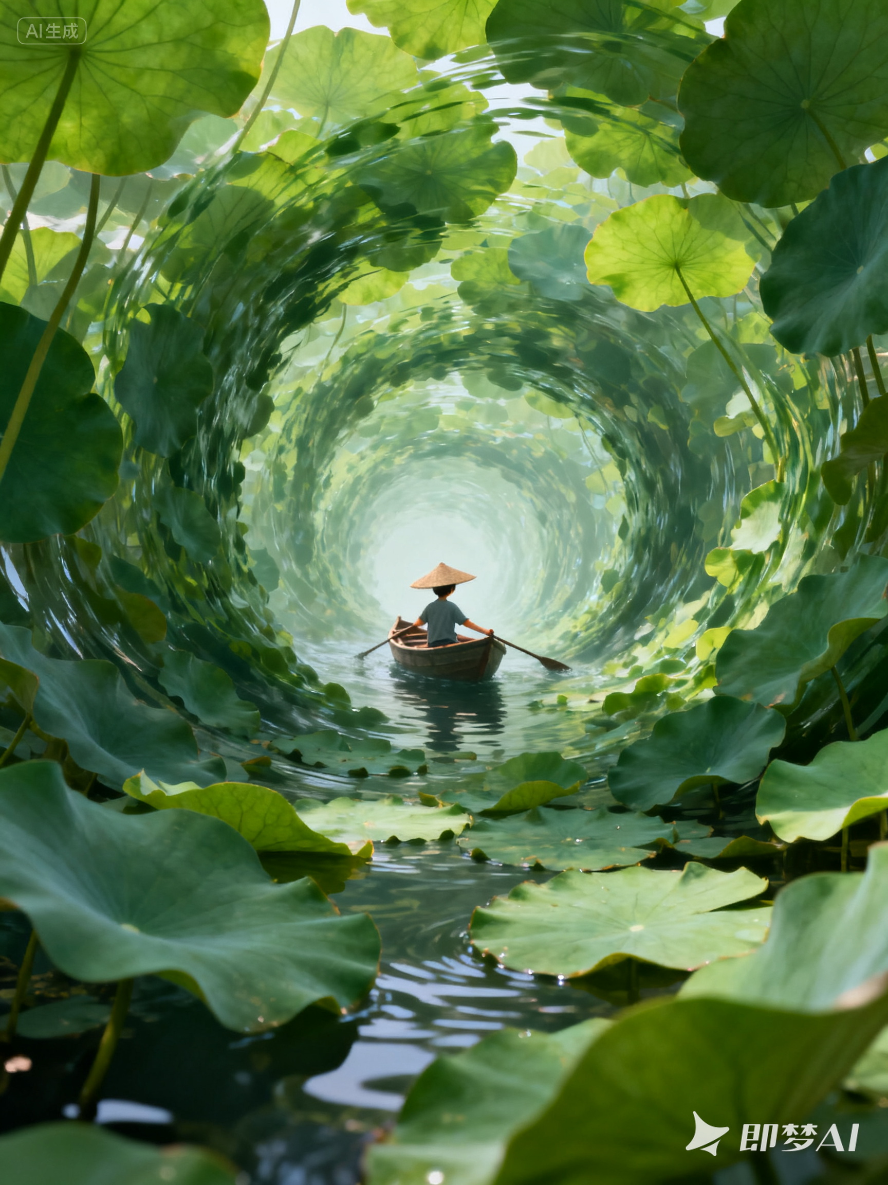 Midjourney - 非写实风格梦幻主义男孩穿越绿色荷叶隧道场景海报-即梦ai关键词描述咒语 即梦Ai-Ai宇宙吧-