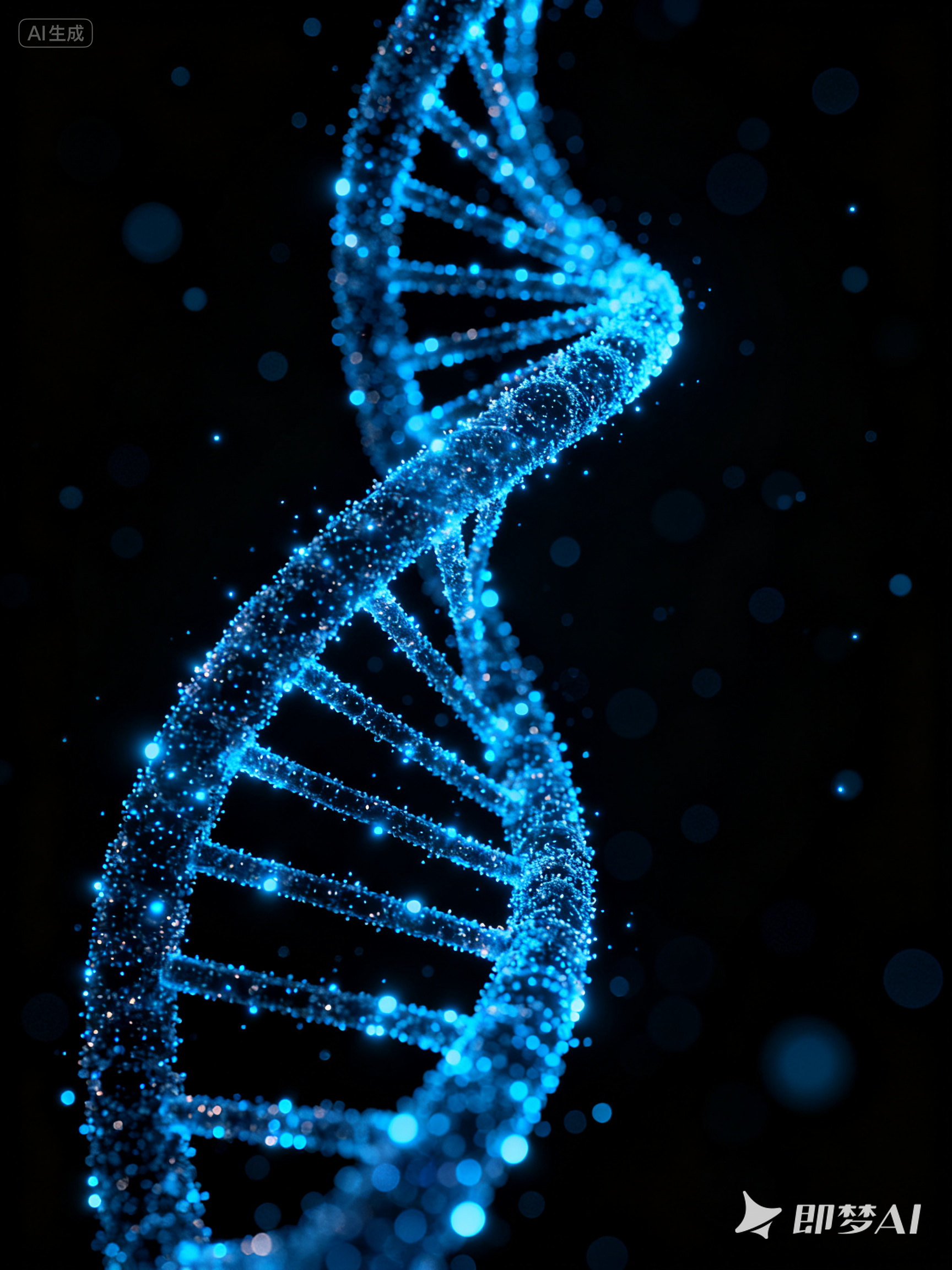 Midjourney - 蓝色科技感发光粒子DNA双螺旋结构数字艺术视觉海报-即梦ai关键词描述咒语 即梦Ai-Ai宇宙吧-