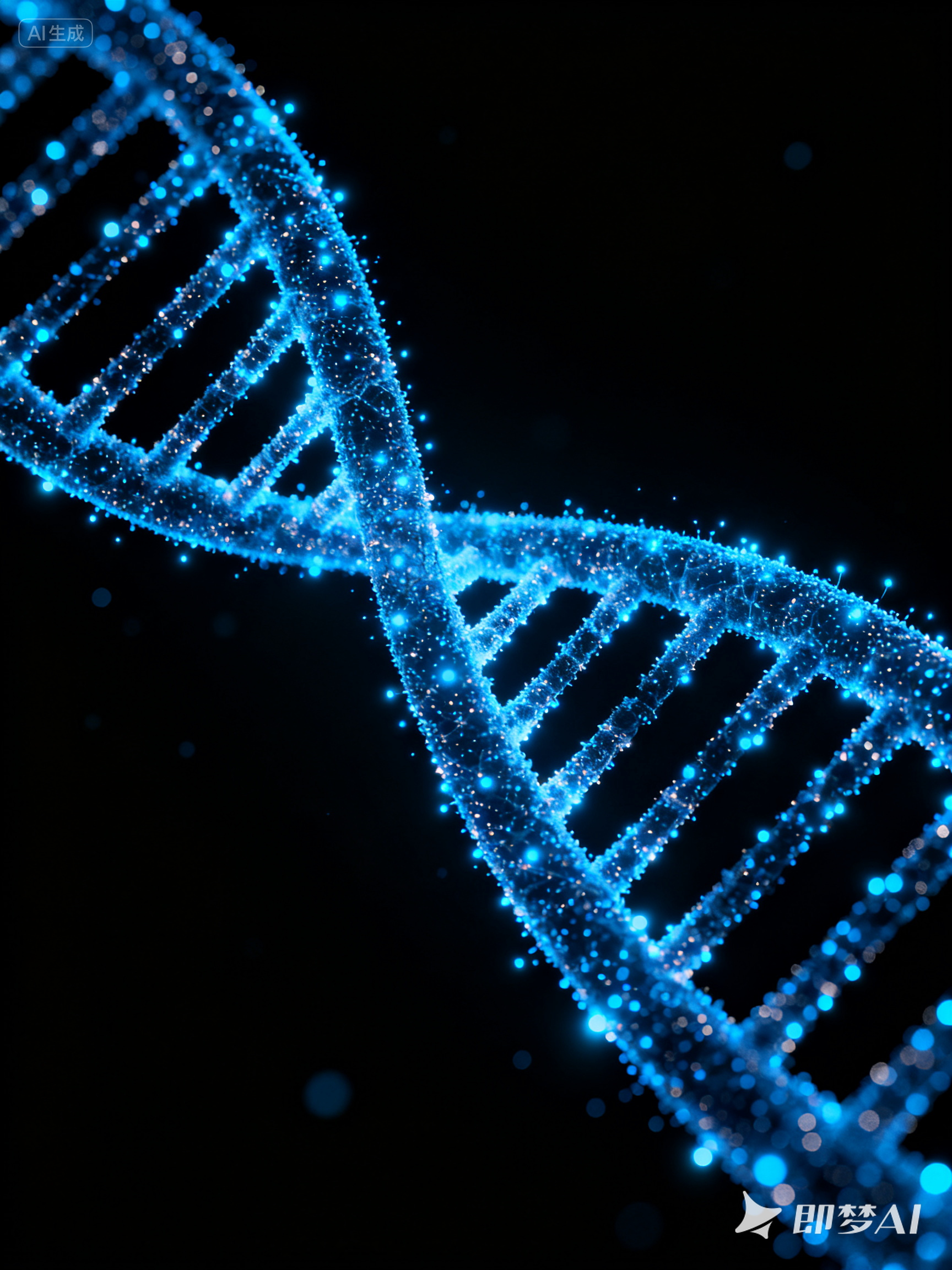 Midjourney - 蓝色科技感发光粒子DNA双螺旋结构数字艺术视觉海报-即梦ai关键词描述咒语 即梦Ai-Ai宇宙吧-