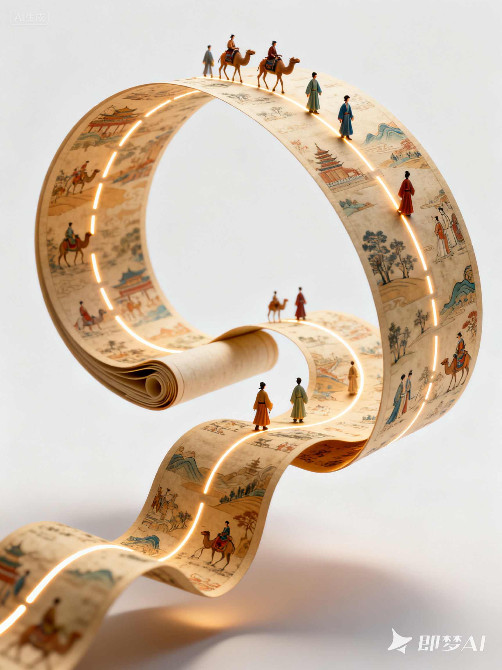 Midjourney - 3D立体梦幻中国古代蜿蜒丝绸之路画卷移轴摄影海报-即梦ai关键词描述咒语 即梦Ai-Ai宇宙吧-