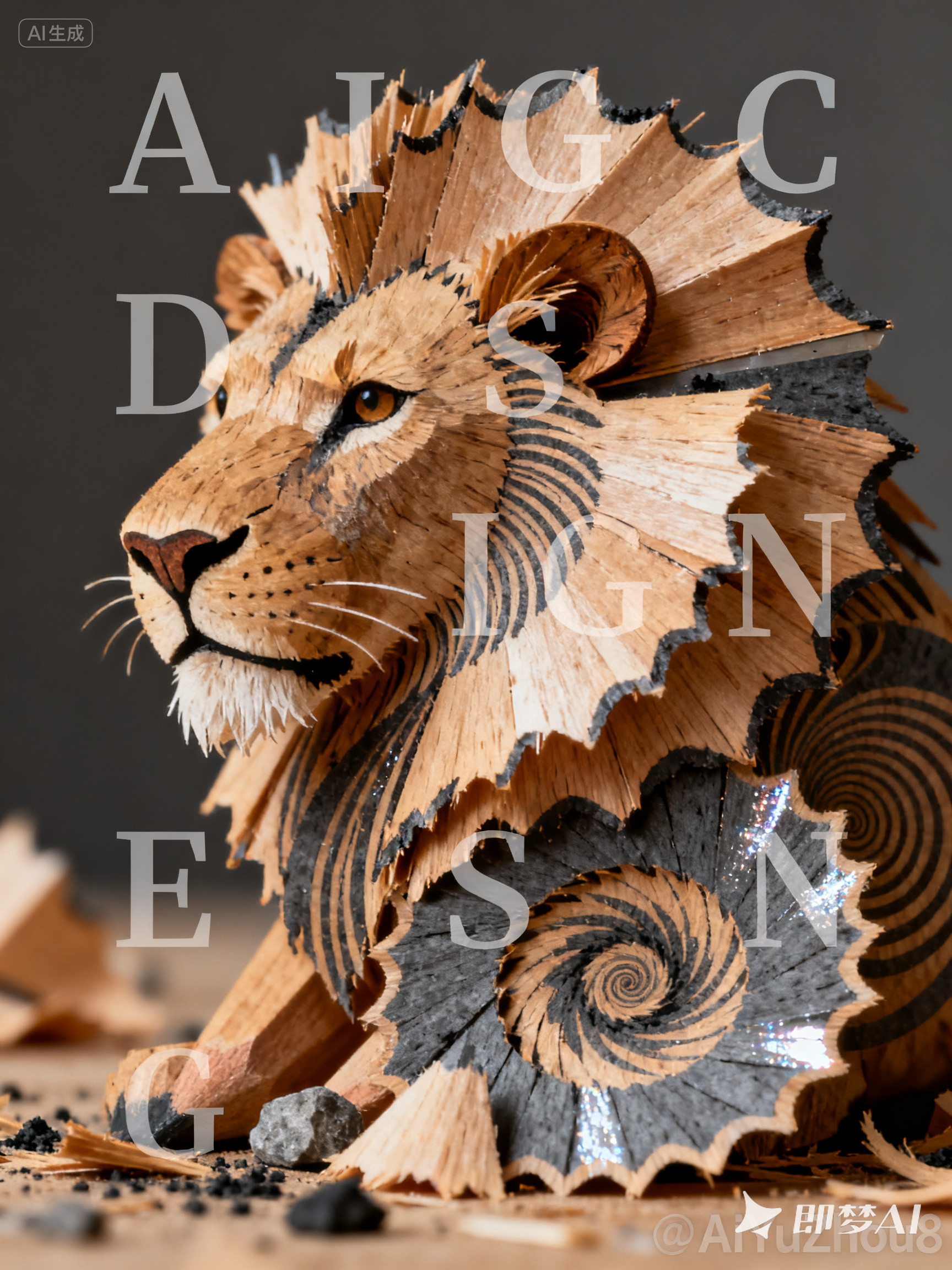 Midjourney - 创意现代艺术铅笔卷笔刀铅笔屑雄狮立体海报-即梦ai关键词描述咒语 即梦Ai-Ai宇宙吧-