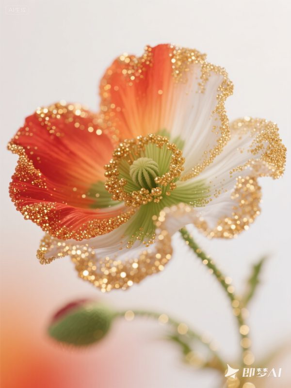 高级感唯美梦幻金光闪闪颗粒鲜花立体摄影海报-即梦ai关键词描述咒语-Ai宇宙吧-