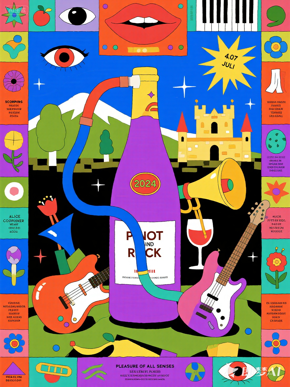 Midjourney - 波普风可爱卡通葡萄酒摇滚音乐节插图海报-即梦ai关键词描述咒语 即梦Ai-Ai宇宙吧-